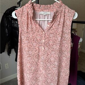 LOFT Blush Floral Ruffle Neck Blouse